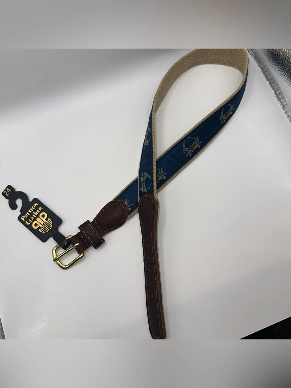 Preston Leather Crab Nautical Belt Solid Brass Buckle Kids Size 24 Made in USA